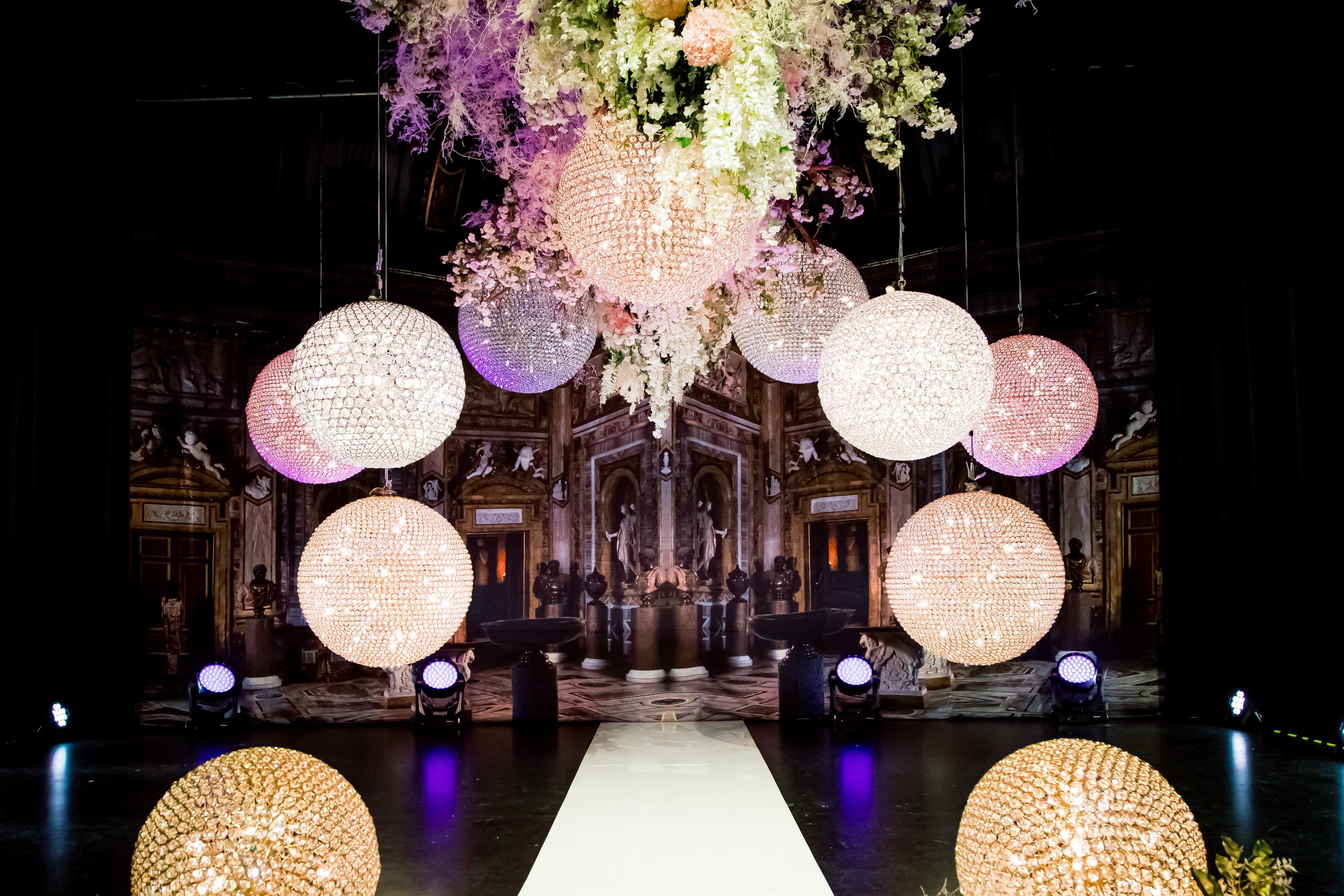 Crystal Ball chandelier hire Sydney, contemporary sphere crystal lights in three sizes for weddings and events