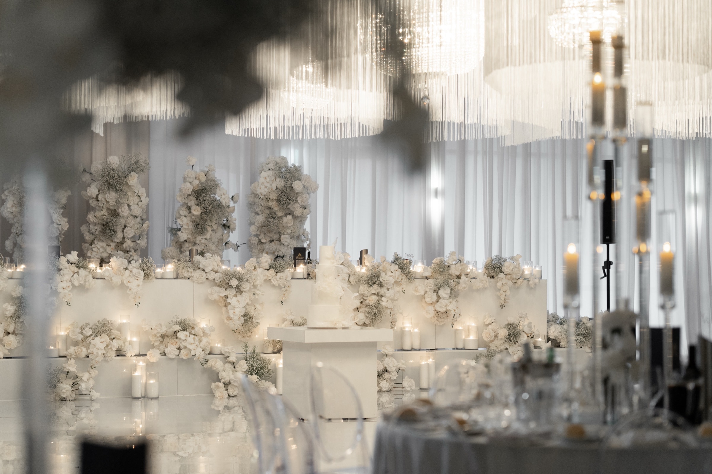 Tassel ceiling installation hire Sydney — crystal and silk tassel ceiling handcrafted on site for weddings and events