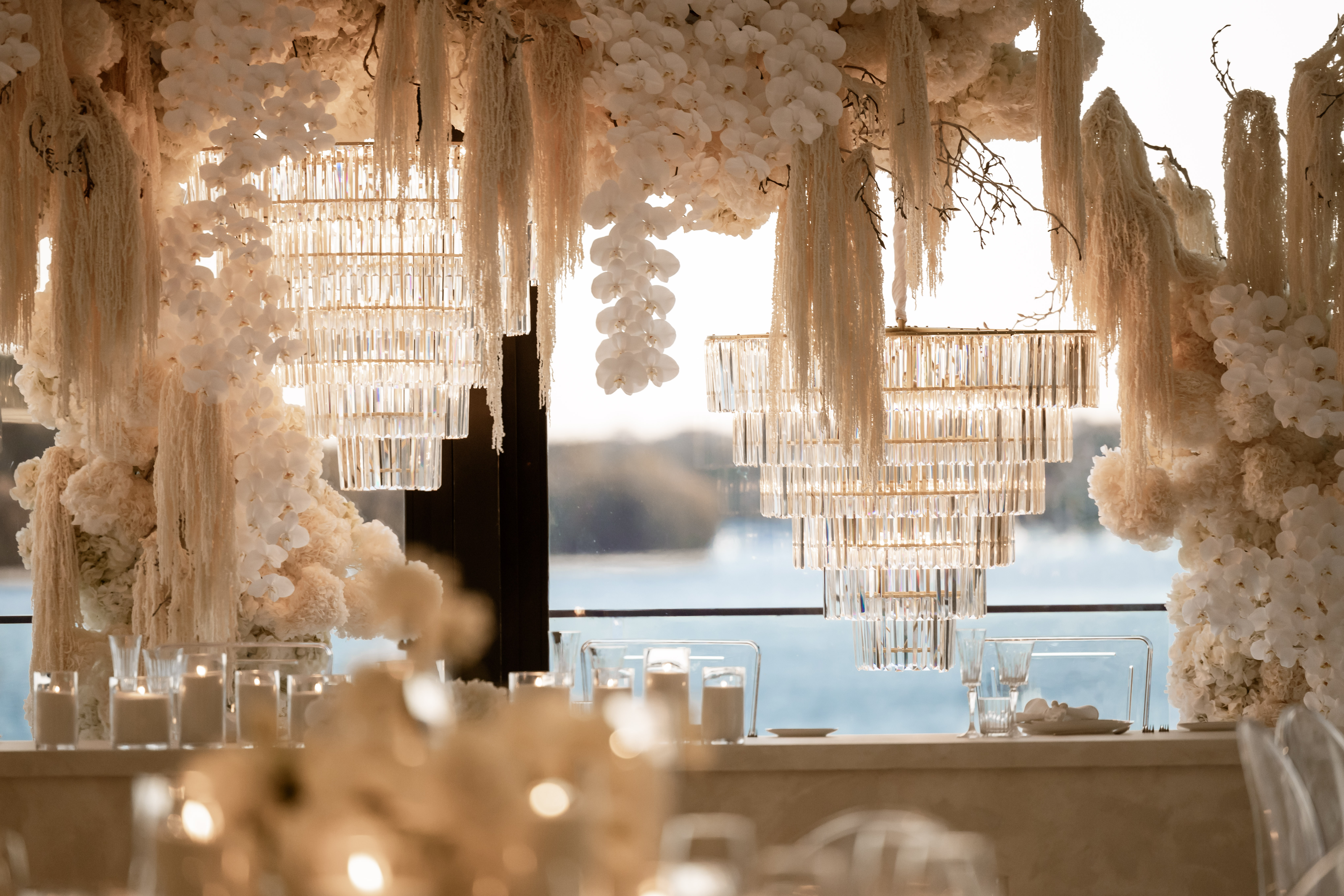 The Gatsby Art Deco waterfall chandelier hire Sydney — 7-tier cascading crystal chandelier for weddings and galas